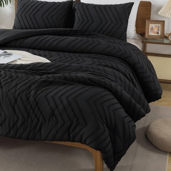 Black Chevron Tufted Zigzag Textured Full Size Bed Boho Comforter Set Bedding - Picture 8 of 16